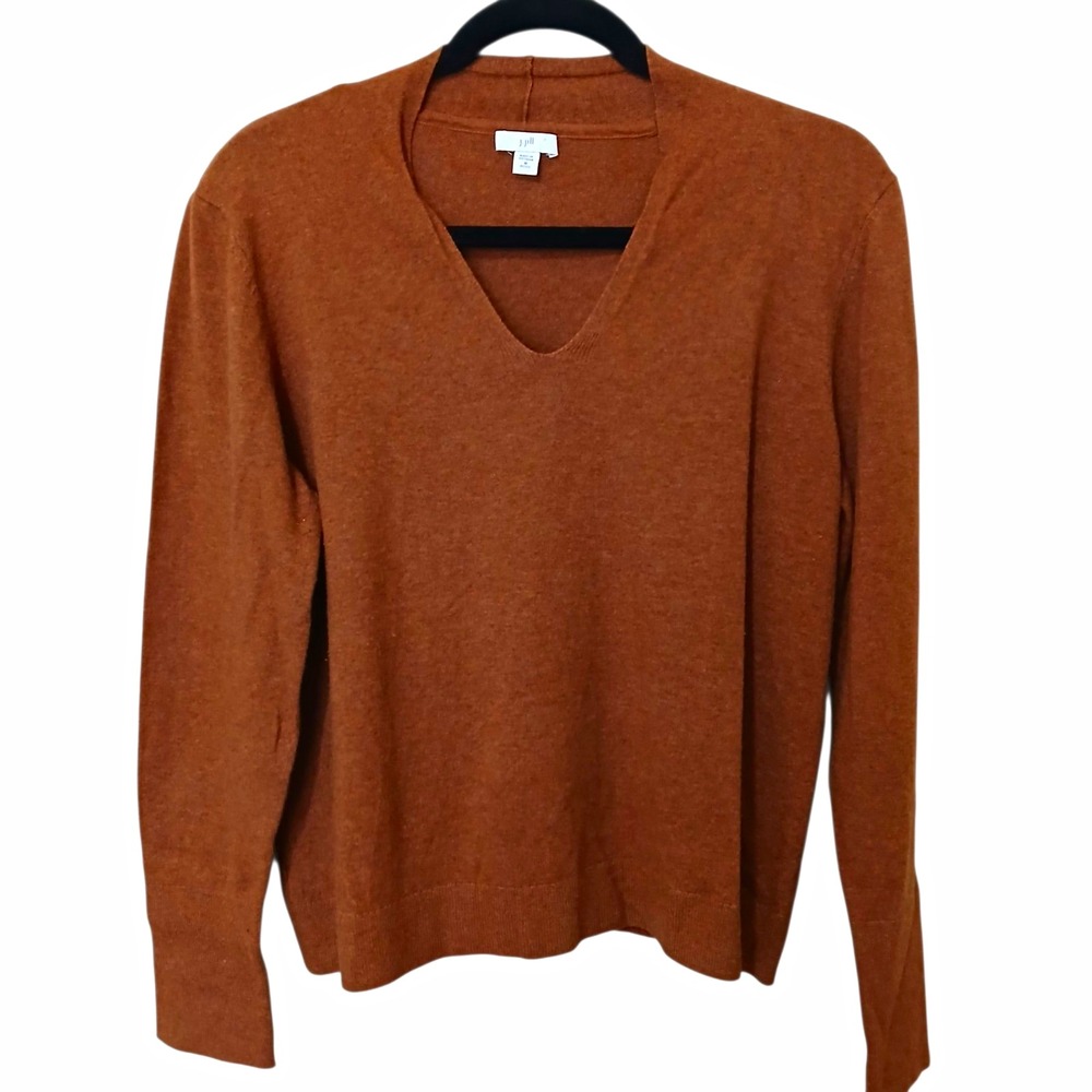 J. Jill High Ribbed-Sleeve V-Neck Sweater in Nutmeg Brown Women's Size Petite M